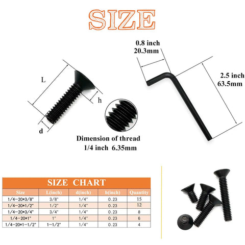 45 Piece 1/4 20 Countersunk Head Socket Cap Screw Assortment Kit With Allen Keys Black Grade 10.9 Carbon Steel Machine Bolts Flat Hex Bolt Set Heavy Duty Fasteners Diy Repair Solid Build Job Rock Solid Reliability Killer Quality Value, size chart and screws