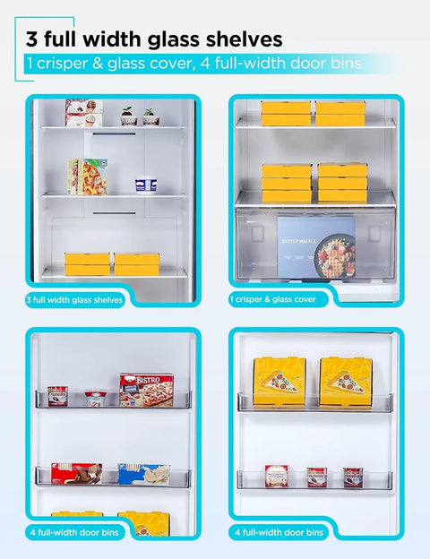 Interior view of 21 Cu Ft Convertible Freezer Refrigerator showcasing 3 glass shelves, 1 crisper, and 4 door bins.
