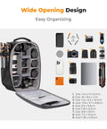 Open hard shell camera backpack for DSLR and mirrorless gear, waterproof 22L travel case with customizable dividers displayed with gear.