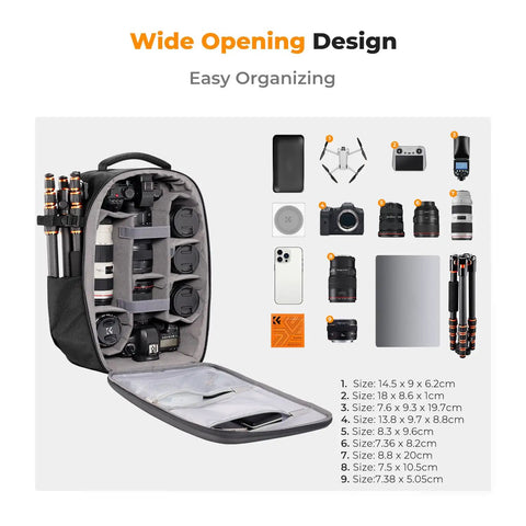 Open hard shell camera backpack for DSLR and mirrorless gear, waterproof 22L travel case with customizable dividers displayed with gear.
