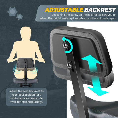 Oversized Bike Seat With Backrest For Maximum Comfort On Long Rides Wide Bicycle Saddle Replacement For Tricycle Electric Commuter And Stationary Bikes Soft Thick Foam Padding Waterproof Adjustable adjustable backrest shown from side