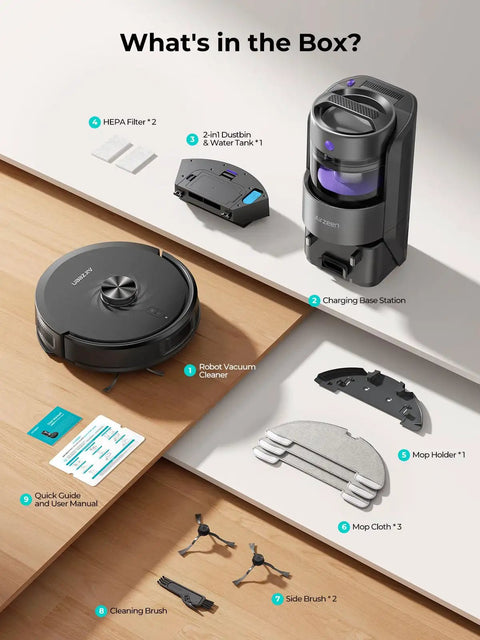 Components of the Upgraded Bagless Self Emptying Robot Vacuum And Mop With 6000Pa Suction LiDAR Navigation Q20 Ultra on display