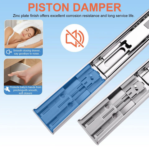 12 Inch Soft Close Drawer Slides detail with piston damper and smooth closing features, highlighting corrosion resistance and quiet glide.
