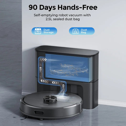 Self Emptying Robot Vacuum and Mop With 6000Pa Suction No Tangling LiDAR Multi Floor Mapping 90 Day Hands Free Cleaning App Control Alexa and Google Assistant for Pet Hair Carpet and Hard Floors showing self-emptying mechanism
