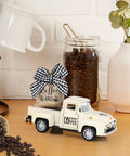 Dope Coffee Bar Truck Decor With Metal Diecast Pickup, Detachable Burlap Sack, And Realistic Coffee Beans on tabletop