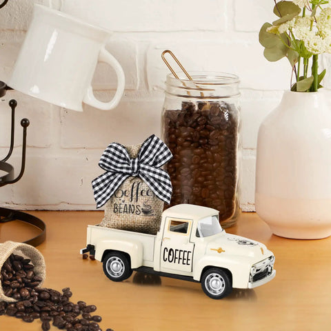 Dope Coffee Bar Truck Decor With Metal Diecast Pickup, Detachable Burlap Sack, And Realistic Coffee Beans on tabletop