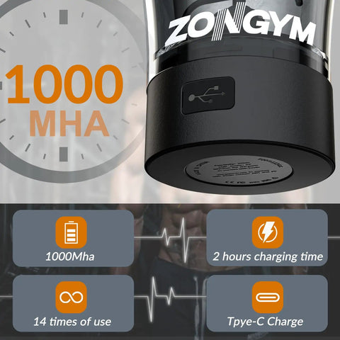 Close-up of 24 Ounce USB Rechargeable Protein Shaker Bottle With BPA Free Tritan Cup, black USB charging base and battery details