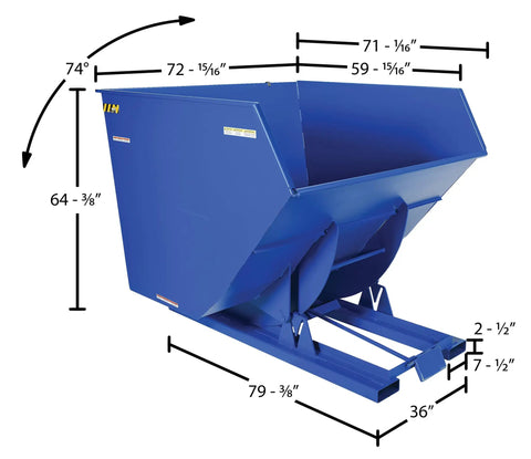 Built Tough Heavy Duty Steel Self Dumping Hopper With Smooth Auto Bump Action For Forklifts dimensions showing 4 Cubic Yard size, 6000 pounds rated.