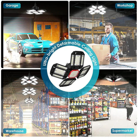 Deformable 12 Panel 200W LED Garage Light With 20000 Lumens 6500K Daylight Plug In E26 E27 Base Ceiling Lamp in various settings