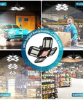 Ridiculously Bright 200W LED Garage Lights 2 Pack With 20000LM 6500K Daylight shown in garage, workshop, warehouse, supermarket settings