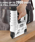 Person using 20V Cordless Brad Nailer And Staple Gun 18 Gauge 2 In 1 Nail Gun For Upholstery And Carpentry Battery Powered