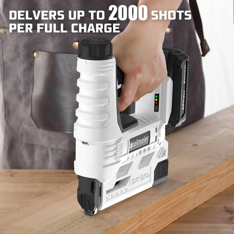 Person using 20V Cordless Brad Nailer And Staple Gun 18 Gauge 2 In 1 Nail Gun For Upholstery And Carpentry Battery Powered