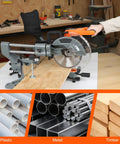 Professional Grade 10 Inch Sliding Compound Miter Saw Fueled By A Boss 15 Amp Motor cutting wood and composite materials on a workbench.