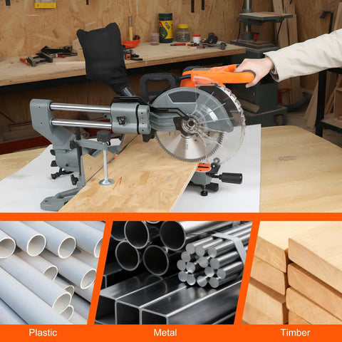 Professional Grade 10 Inch Sliding Compound Miter Saw Fueled By A Boss 15 Amp Motor cutting wood and composite materials on a workbench.