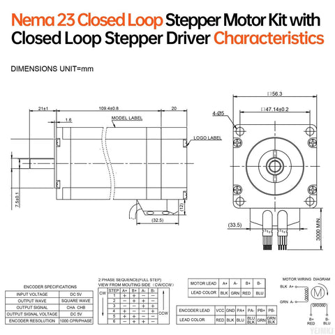 Front and side view technical drawing of NEMA 23 closed-loop stepper motor kit with dimensions and encoder wiring