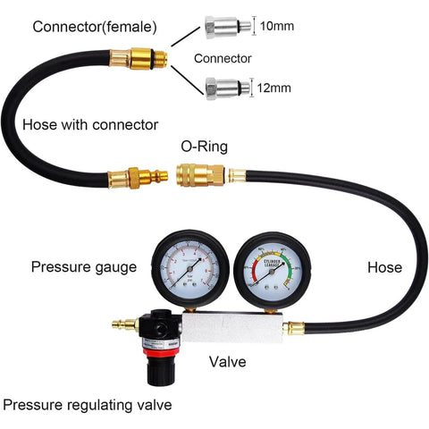 Front view of cylinder leak-down tester kit with dual gauges, valve, hoses and brass adapters