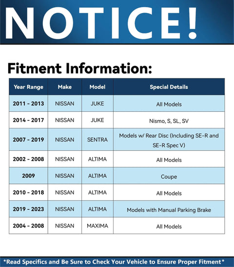 Fitment information for Nissan vehicles: Juke, Sentra, Altima, Maxima, various years and models.