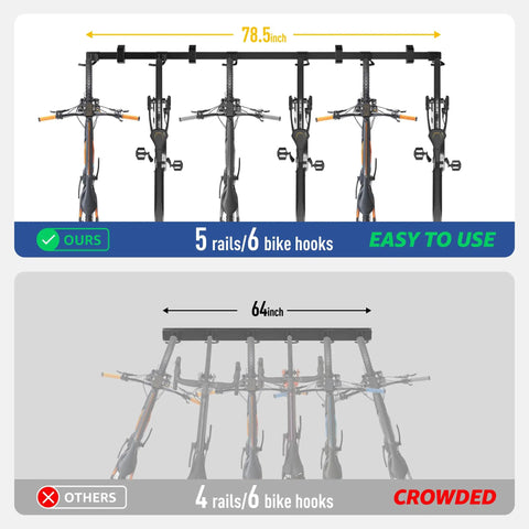 Comparison of 78.5 inch Heavy Duty Wall Mounted Bike Rack With Six Adjustable Hangers on black rail and crowded 64 inch version.
