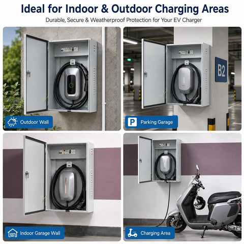 Tough As Nails Outdoor EV Charger Enclosure With Hella Secure Locking Steel Cabinet showing secure storage for wall cables in various locations.