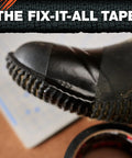 Flexible Waterproof Tape For Quick Fixes And Heavy Duty Repairs applied on a black boot, showcasing adhesion and durability.
