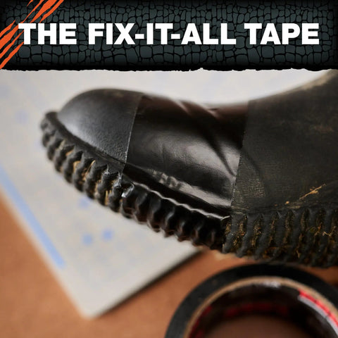 Flexible Waterproof Tape For Quick Fixes And Heavy Duty Repairs applied on a black boot, showcasing adhesion and durability.