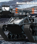 One Sixteen Scale RC Tank Car with open doors, 2.4GHz remote, off-road tracked vehicle, in an outdoor rocky terrain.