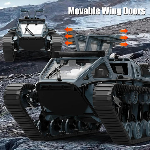 One Sixteen Scale RC Tank Car with open doors, 2.4GHz remote, off-road tracked vehicle, in an outdoor rocky terrain.