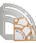 Stitched Slotted Corner Pocket Die Cut Set With Large Scalloped Edge Pocket for crafting, featuring metal dies and finished paper example.