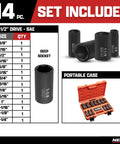 Heavy Duty One Half Inch Impact Socket Set, Fourteen Piece Six Point, SAE Sizes Three Eighths Inch To One Quarter Inch, includes deep sockets and portable case shown.