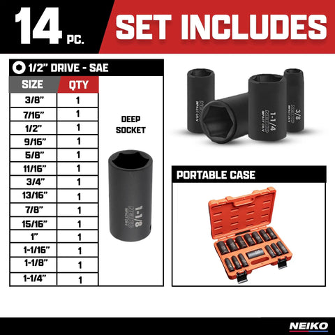 Heavy Duty One Half Inch Impact Socket Set, Fourteen Piece Six Point, SAE Sizes Three Eighths Inch To One Quarter Inch, includes deep sockets and portable case shown.