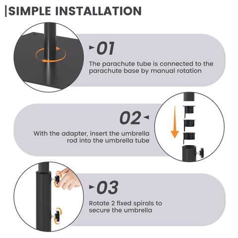 Installation steps for Sturdy 40 Pound Outdoor Umbrella Base With Stainless Steel Tube And Heavy Duty Square Steel Stand In Black.