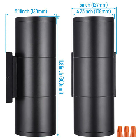 12 Inch LED Up Down Cylinder Outdoor Wall Light 3000K Warm White 120-277V Dimmable Aluminum Waterproof Exterior Porch Sconce ETL Listed Front Door Lighting Pack Of 2 with measurements shown against a white background.