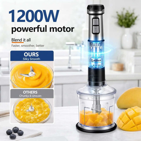 Heavy Duty 1200W Immersion Hand Blender Set With Twenty Adjustable Speeds Plus Rust Proof Stainless Steel Blades shown with mango chunks and smooth puree.
