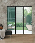 Living room view with Magnetic Insulated Door Curtain With Self Closing Keeps Warm Air In And Cold Air Out to patio garden area.