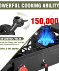 Two Burner Propane Camping Stove With One Touch Auto Ignition showing 150,000 BTU power and air-in control valve