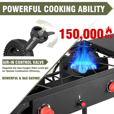 Two Burner Propane Camping Stove With One Touch Auto Ignition showing 150,000 BTU power and air-in control valve