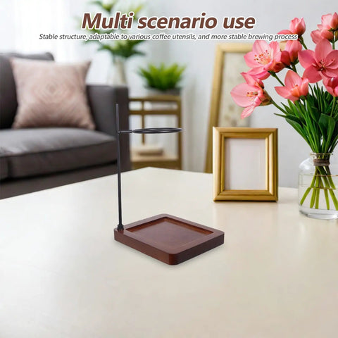 Top Shelf Wood Coffee Dripper Stand Built Tough With Stainless Base on a table, showcasing its stable structure for quick brewing.