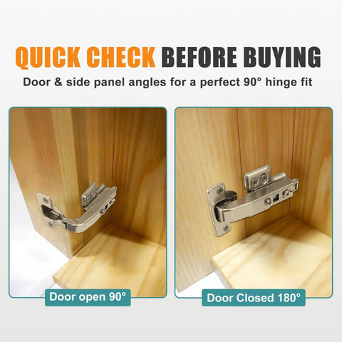 Two Pack 90 Degree Blind Corner Cabinet Hinge No Fuss Easy Install For Pie Cut Corners shown open and closed on wooden cabinet