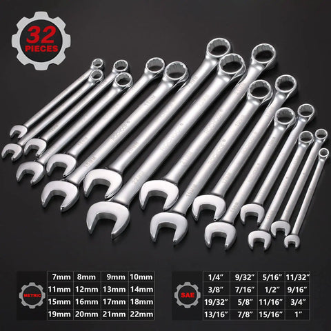 32 Piece Chrome Vanadium Wrench Set With 12 Point SAE And Metric Wrenches From Quarter Inch To One Inch And Seven To Twenty Two Millimeters