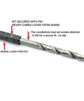 Close-up of Six Piece Countersink Drill Bit Set For Wood With Depth Stop Collar And Hex Wrench showing tapered flute and logo.