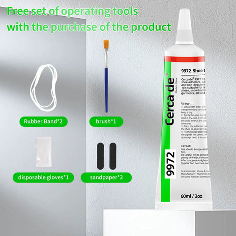 Heavy Duty Shoe Glue For All Shoes, Clear Waterproof Sole Repair Adhesive For Sneakers, Leather, Hiking Boots And Sandals, Extra Strong Bond, Quick Repair, 2 Oz Pro Formula tube with brush, rubber bands, gloves, and sandpaper set