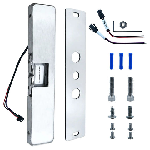 Replacement Electric Strike For 9400 Series Stainless Steel Slim Surface Mounted Switchable Fail Safe Or Fail Secure Works With Rim Exit Devices Up To Half Inch Latchbolt Ideal For Commercial Door Access Control with installation components