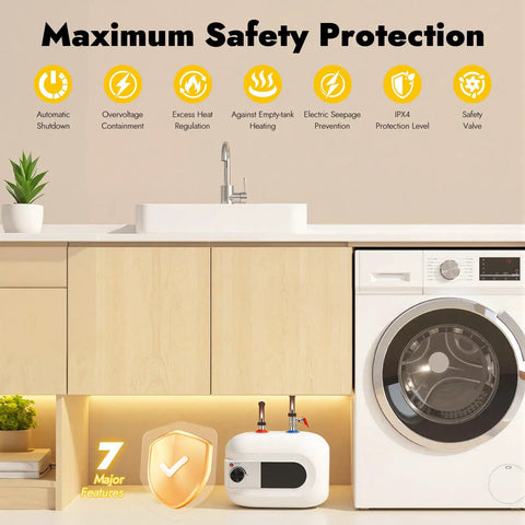 Compact Under Sink Mini Water Heater Delivers No Sweat Instant Hot Water For Kitchen Bathroom And RV 1.6 Gallon 1500W Electric Tank shown under sink.