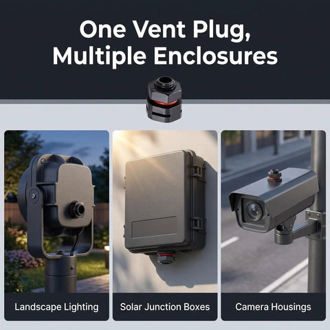 6 Pack IP68 M12x1.5 Air Vent Breather Screws showcased in landscape lighting, solar junction boxes, and camera housings.