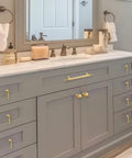Solid Brass Cabinet Knobs 2 Pack Brushed Gold Boss Level Drop Pulls For Dresser And Drawers Modern Cupboard Wardrobe Pendant Knob Bedroom And Bathroom Cabinet Hardware Easy Install Rust Resistant 2.55 Inch Length on gray vanity drawers
