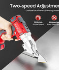 Heavy Duty 21V Cordless Sheet Metal Shear With Brushless Motor And Batteries in use, cutting stainless steel with a chrome vanadium steel head.