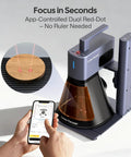 Slick Portable 10W Diode Laser Engraver And Cutter Machine With Spintrack Roller Bundle showing app-controlled dual red-dot targeting for precise cutting.