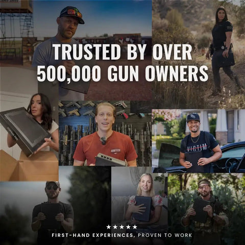Trusted gun owners with Compact Mechanical Handgun Lock Box For Instant Access Portable Safe Case featured centrally.