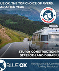 Airstream trailer towed by vehicle on scenic road; focus on Blue Ox Heavy Duty Tow Safety Cable Kit 10000 Lb Rating Seven Foot Length Prevents Accidental Disconnection And Secures Towing Built Tough For Road Ready Confidence Durable Cables Ready For Repeated Use, 1-year warranty graphic.