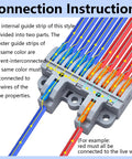 Two In Ten Out Lever Terminal Block Kit Seven Pack With DIN Rail And Screw Mounts, showing connection instructions for wires.